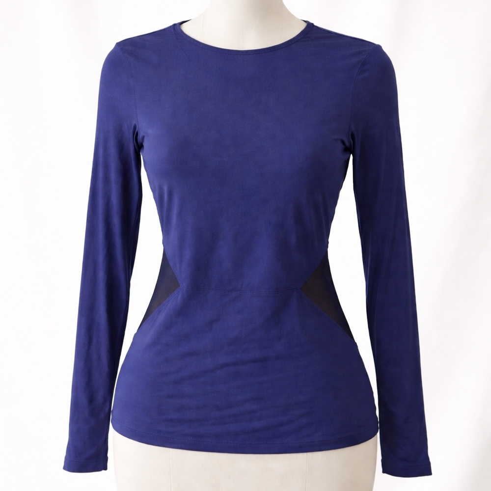 Karma Deep Blue Athleisure Long‎ Sleeve Top | Mesh Side Panels | Small